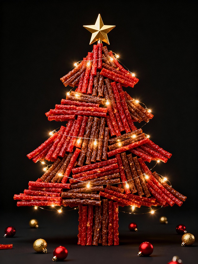 重拟物风拼贴圣诞树，以腊肠堆叠成形，搭配金属星顶与暖光灯串，营造喜庆趣味光影，实景质感十足，节日氛围浓厚。