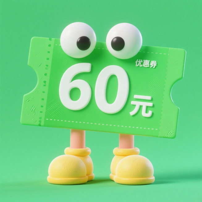 一个绿色的优惠券，上边是白色“60元”字样，长者两个大眼睛，两个脚，穿着一双黄色的馒头形状的鞋子预览效果