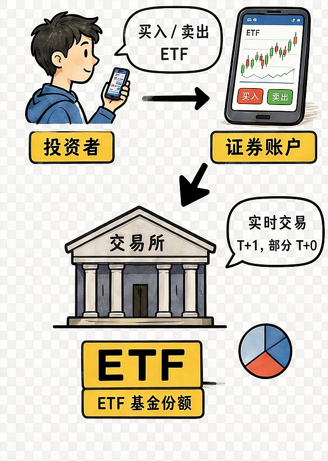 保留原图所有内容和漫画手绘风格，将实时交易对话框内"T+1,部分 T+0"文字的黄色背景修改为和下方"ETF基金份额"黄色标签框一致的样式，保持透明背景不变