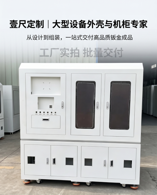 电商详情页首屏海报，大标题“壹尺定制 | 大型设备外壳与机柜专家”，小标题“从设计到组装，一站式交付高品质钣金成品”，添加“工厂实拍 批量交付”水印，使用原图中的钣金机柜作为背景，整体大气专业，符合高预览效果