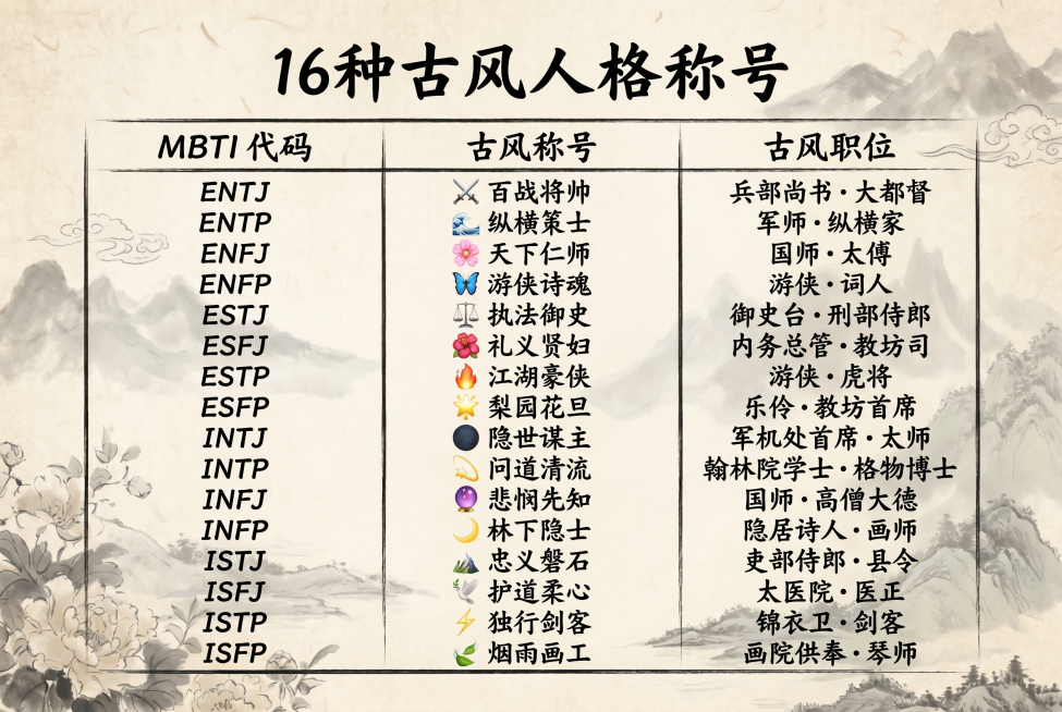 将这张MBTI十六种人格的表格设计成国风古风版本，保留所有文字内容：MBTI代码、古风称号、古风职位三列，每一行分别是
ENTJ ⚔ 百战将帅 兵部尚书·大都督
ENTP 🌊 纵横策士 军师·纵横家预览效果