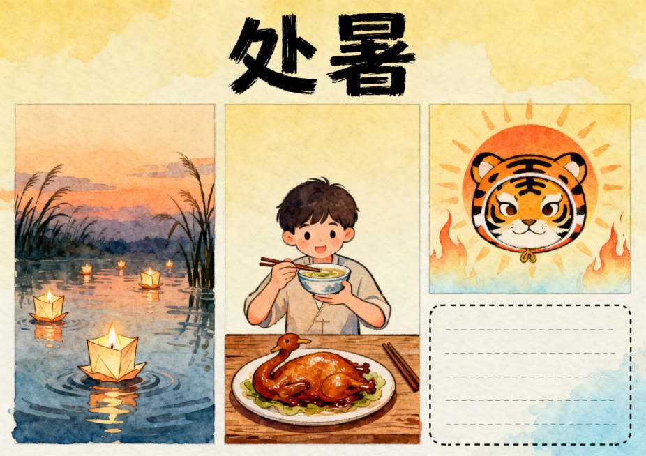 二十四节气之处暑主题横版A4手抄报，马克笔手绘风格，画面包含放河灯、吃鸭子、秋老虎元素，顶部“处暑”大字标题，预留文字框，体现出暑渐消天气转凉，尺寸A4横版预览效果
