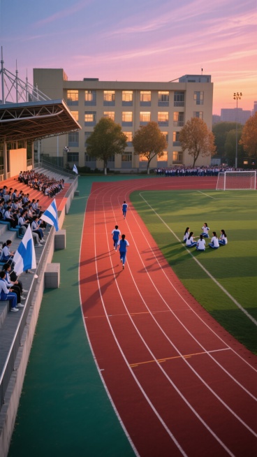 广角俯拍视角，现代化中学体育场的黄昏全景，深红色塑胶跑道在夕阳下泛着温暖光泽，六道白色分道线如钢琴键般延伸至画面深处，弯道处有几个穿着蓝白校服的学生正在进行变速跑训练，他们的影子被拉得很长。跑道内侧是修剪整齐的深绿色人工草坪，几名女生正围坐成圈进行拉伸运动。左侧的灰色看台坐满了观看校际足球赛的学生，他们挥动着蓝白相间的校旗，遮阳棚的金属结构在暮色中投下几何形状的阴影。背景中五层米色教学楼的窗户……预览效果