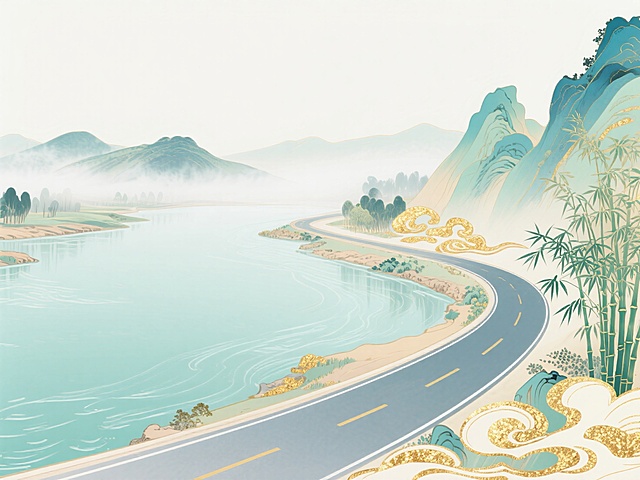 诗经画卷，顶部30%无内容纯背景区域，精致线条，国潮古风 插画风格，中国传统工笔画细腻精致的线条，展现独特视觉效果工笔画纹理，写实风格，精致刻画，流畅的线条展现淇河两岸的诗意风光，淇水汤汤蒹葭苍苍，要有诗经画意，一条现代旅游公路蜿蜒在河岸，以公路和淇河为主，清澈的淇河水静静流淌，河面上有淡淡的雾气，远景是少许连绵的青山，虚实结合。与诗意的自然景观和谐融合，整体画面以诗经画卷形式展示。艺术风格上结合