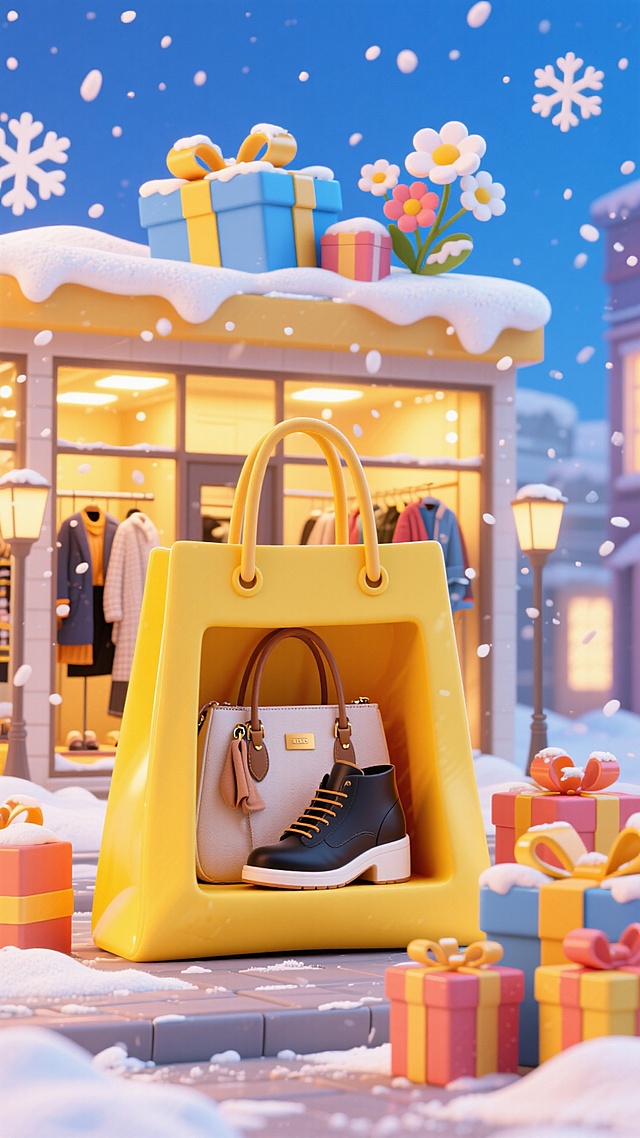 黄色购物袋，内部是服装店店铺（秋冬鞋服、包），暖黄灯光。购物袋顶部有覆着雪的礼盒、花朵。周围点缀礼盒，冬日雪景街道背景，蓝天