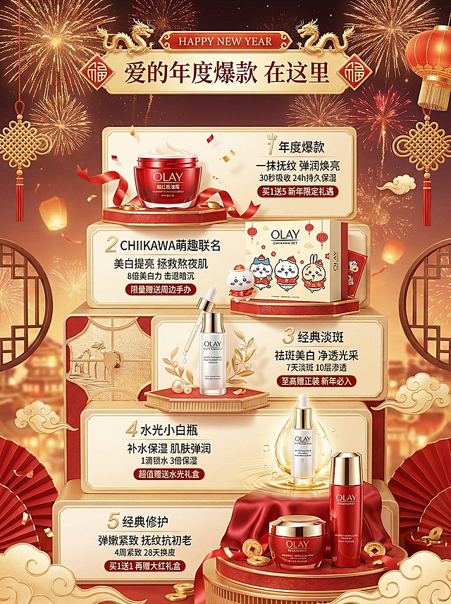 主体内容为 OLAY 品牌的 5 组明星美妆产品（超红瓶油霜、CHIIKAWA 限定美白水乳礼盒、淡斑小白瓶、水光小白瓶、大红瓶水乳），搭配对应的新年促销文案与功效数据；场景设定为充满年味的电商促销页面，背景融入烟花、中国结等新年元素；风格参考高端美妆电商海报，写实精致且富有节日氛围感；色调以正红、鎏金、米白为主，红色营造喜庆氛围，金色点缀奢华质感；构图采用分层立体式，产品按数字 1-5 依次排列，顶部设置统一的新年主题横幅，各区块独立展示产品与促销信息；细节补充清晰的产品包装纹理、柔和的光影层次，以及 “HAPPY NEW YEAR”“爱的年度爆款 在这里” 等主题文案