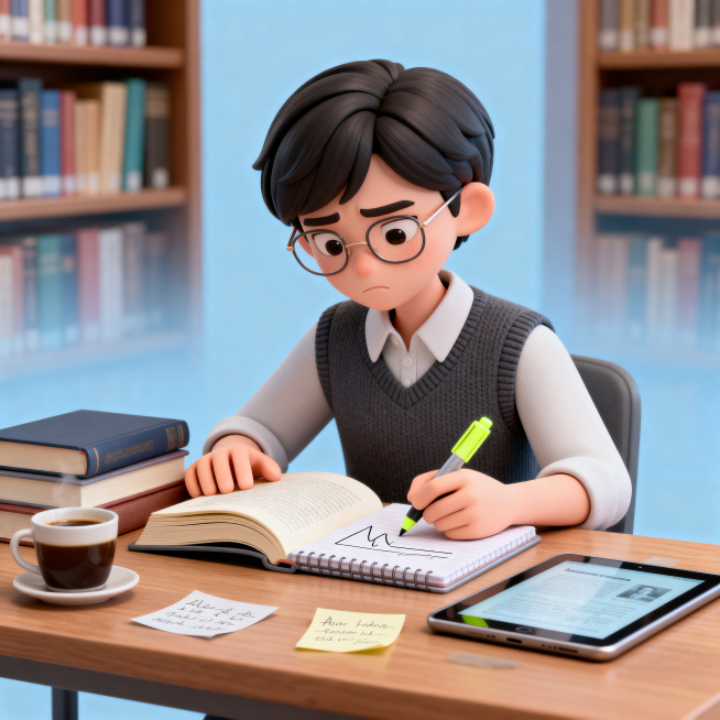 专注好学的年轻中性形象人物，短发整齐，戴着细框眼镜，穿着简约衬衫和毛衣背心，坐在书房里。面前摊开一本厚厚的书，旁边叠着几本参考书，一手扶着书页，另一手拿着荧光笔在笔记本上划线记录，眉头微蹙表情专注。桌预览效果