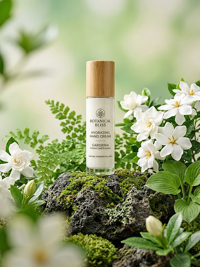 将护手霜产品自然融入自然场景，画面正中央直立放置产品，产品放置在一块质感粗糙的深色岩石上，岩石表面覆盖着鲜活翠绿的青苔，岩石周围布置着盛开的纯白色栀子花、绿色蕨类植物和圆润绿叶，背景是干净柔和的浅绿色渐变，前景绿叶和花苞轻微虚化，背景柔焦，整体氛围自然清新。保持产品原有Logo和文字原样不变，保持产品主体物理结构不变，商业高调摄影，柔和漫射光，前中后景层次，三分法视觉重心，8k分辨率，超细节，光线追踪，逼真材质表现，瓶身通透。负面提示：瓶身扭曲，文字错误，Logo变形