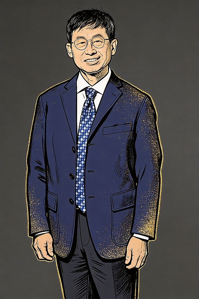 将这张人物照片转换成与参考图相同的漫画风格，采用黑色线条勾勒轮廓搭配金色点缀的手绘漫画风格，保留人物面部特征和西装穿着