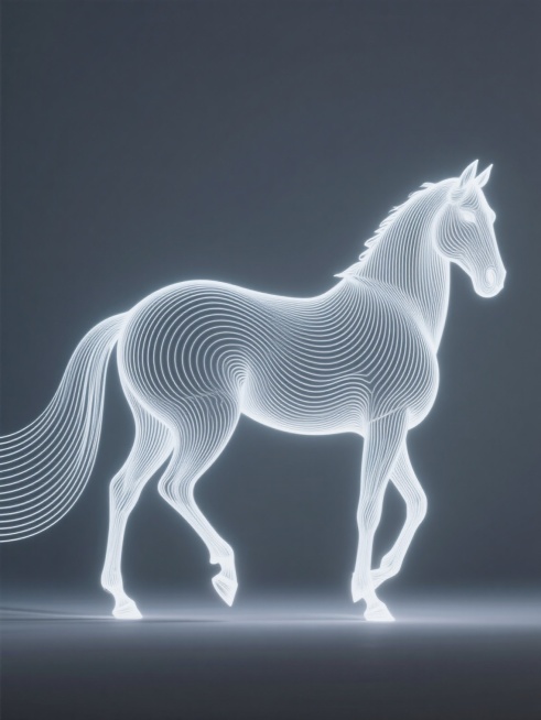 极简线条艺术风格的光绘作品，以流动曲线构成优雅骏马的身材曲线，艺术性夸大动态，流线型曲线身姿展现动态轮廓，横向密集排线形成体置换效果，负空间设计增强韵律感，曲线随形体走势分割画面，线条充满张力，整体呈预览效果