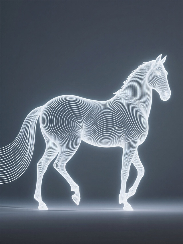 极简线条艺术风格的光绘作品，以流动曲线构成优雅骏马的身材曲线，艺术性夸大动态，流线型曲线身姿展现动态轮廓，横向密集排线形成体置换效果，负空间设计增强韵律感，曲线随形体走势分割画面，线条充满张力，整体呈现优雅艺术气质，背景为色调渐变