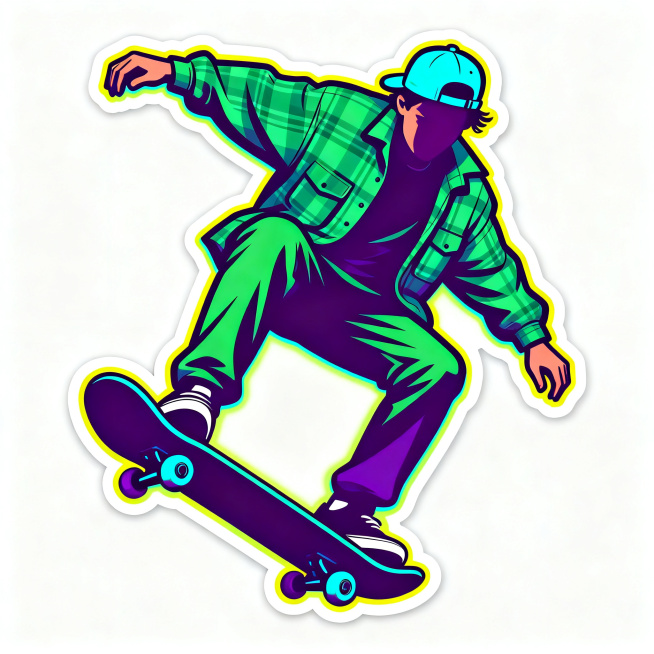 masterpiece, vector illustration, skateboarder silhouette, in kickflip turning pose, wearing oversiz预览效果