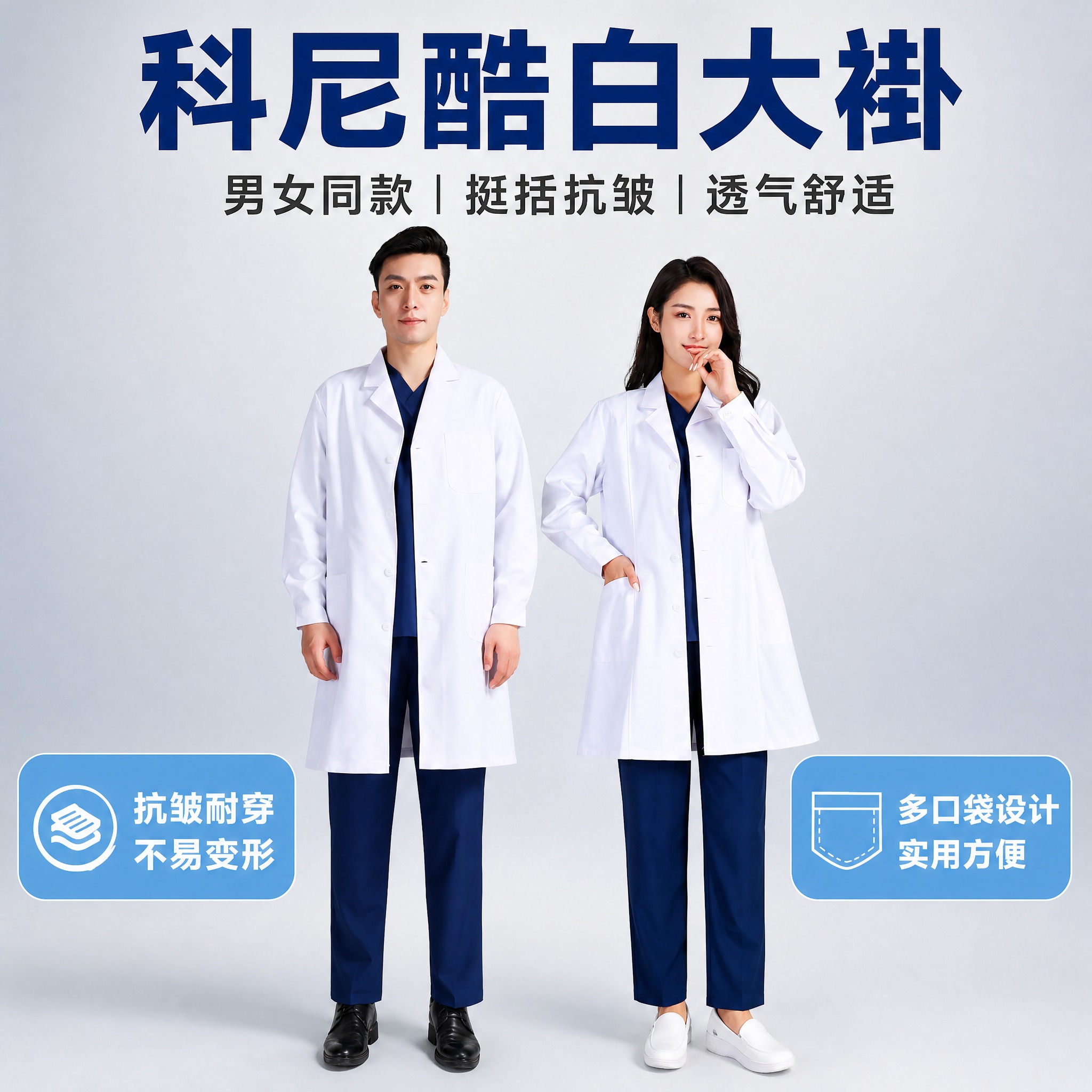 [主图-1] 科尼酷白大褂 核心卖点首图 男女同款专业医护白大… - 图片创意预览