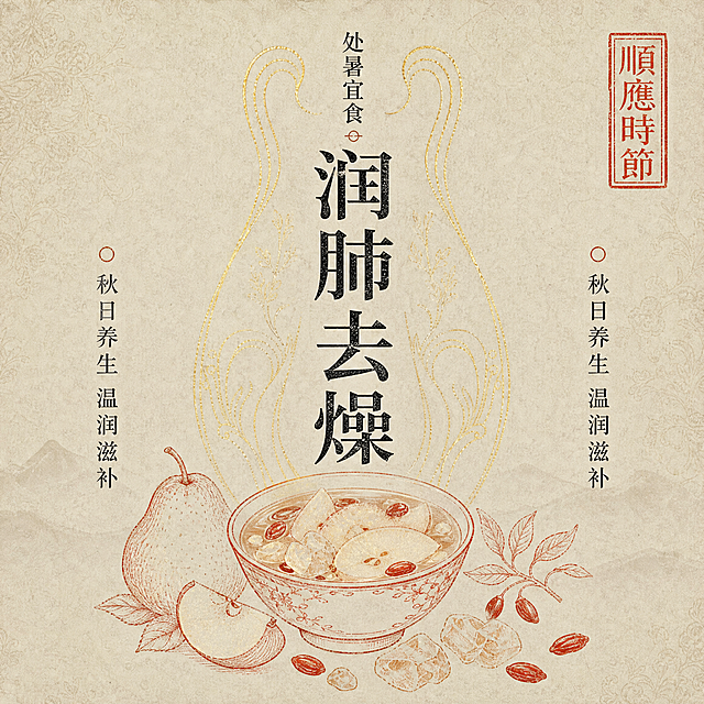 处暑节气电商主图，1:1正方形，淘宝天猫平台。参考图2的新中式国风烫金描金风格、米黄做旧宣纸纹理底色、暗纹底纹、朱砂红印章元素、黑色宋体书法字体排版。画面主体：冰糖雪梨汤养生主题，中央竖排大字“润肺去燥”，上方小字“处暑宜食”。画面下方手绘朱砂红线条的冰糖雪梨汤碗，旁边点缀雪梨、冰糖、枸杞图案。左右两侧竖排小字“秋日养生 温润滋补”。角落有“顺应时节”朱砂红印章。整体色调为米白底色+烫金装饰线条+朱砂红手绘+黑色文字，古朴雅致，高级国风质感，商品主图视觉，留白充足。