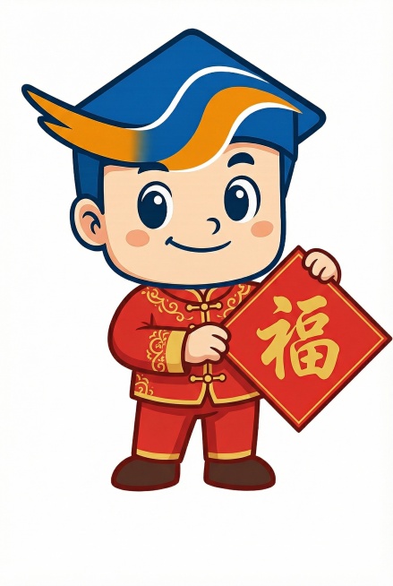 参考图二小马的姿势，修改图一小人。保留图一人物形象和头顶饰品不变，2D画风，让人物手拿福字，身穿红色唐装。预览效果