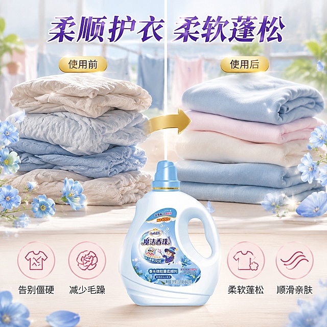 [主图-3] 柔顺效果前后对比图 衣物柔顺蓬松质感展示
[氛围风格] 温馨家居香氛风 柔和自然光 干净整洁 参考图同款浪漫精致感
[画质] 商业摄影质感 光线柔和自然 衣物纤维质感真实 产品清晰 超高清细节
[元素] 画面左右分屏对比结构 左侧为使用前 衣物僵硬褶皱 质感粗糙 右侧为使用后 衣物柔软蓬松 顺滑有光泽 中间有金色箭头从左指向右 产品瓶身位于画面下方中央 保持产品外观物理结构材质质感颜色与输入产品图绝对一致 杜绝任何变形和色差 精细化处理 商品主体占比约35% 背景为温馨明亮的阳台洗衣区 柔和的自然光从窗外照入 晾晒的衣物隐约可见 点缀蓝风铃花瓣和柔和光斑 画面满屏无边框
[光影] 顶部柔和自然光 模拟阳台阳光 衣物纤维有细腻光影 瓶身正面受光均匀 整体温暖明亮 通透洁净
[配色] 主色调 暖白 浅蓝 柔粉 辅助色 金色箭头点缀
[视角构图] 平视角度 上下分层 上半部分对比展示 下半部分产品展示 视觉中心明确
[文字版式] 顶部中央大标题 "柔顺护衣 柔软蓬松" 蓝紫色粗体大字 最大号 左右两侧分别标注 "使用前" "使用后" 金色小标签 底部产品两侧各有两个卖点图标 左侧两个 衣服褶皱图标配"告别僵硬" 毛躁图标配"减少毛躁" 右侧两个 柔软衣服图标配"柔软蓬松" 顺滑图标配"顺滑亲肤" 图标粉色线条 文字深灰 所有文字清晰可读 不遮挡产品主体
[输出要求] 1:1比例 文字清晰锐利 超高清商业摄影质感
[负向提示词] 变形 文字错乱 产品图模糊 背景杂乱 水印 电商平台Logo