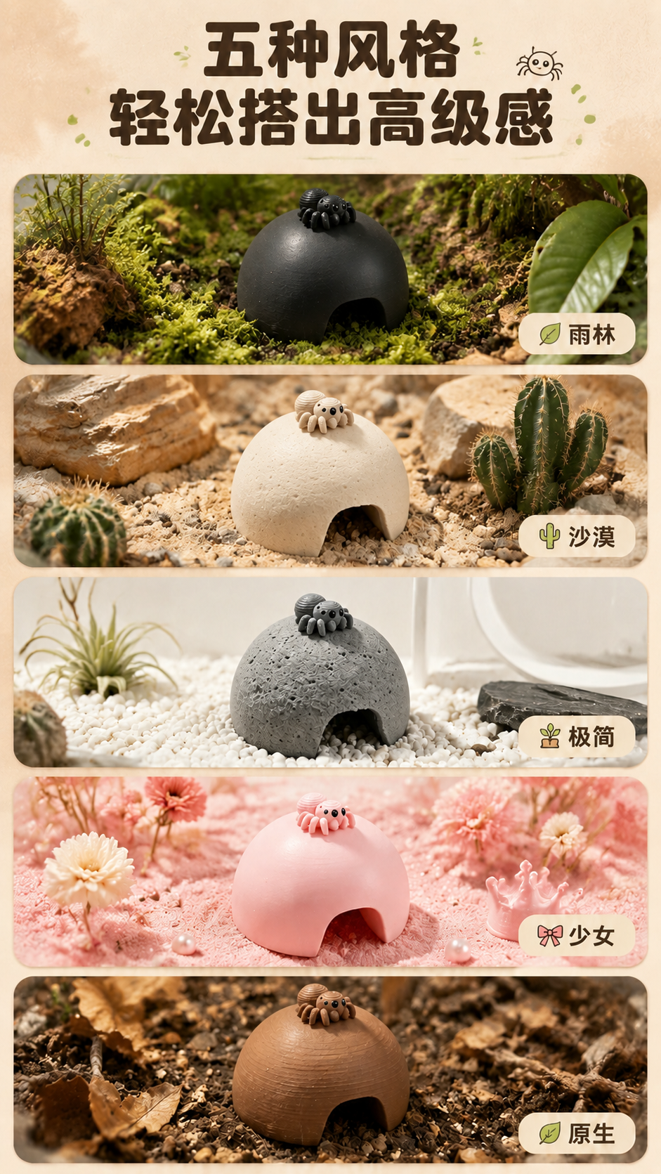 重新调整这张五种风格造景详情图的产品颜色分配：从上到下五格分别… - 图片创意预览