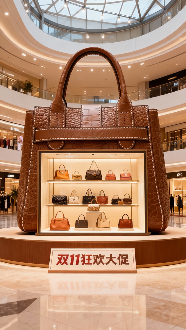 以商场为背景，中央是图中主体巨大化，主体倍放置在展台上，主体瓶身内设计成橱窗形式，无LOGO，瓶身内展示着各类包包。牌子“双11狂欢大促”。