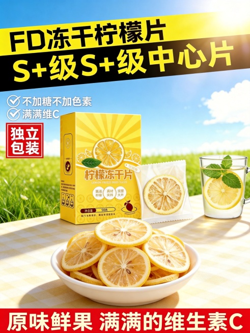 [主图-1] FD冻干柠檬中心片产品首图，参考图一排版风格结合图三产品
[氛围风格] 清新自然食欲感，明亮通透风格
[画质] 商业摄影质感、光线柔和通透、产品清晰真实、画面干净高级
[元素] 前景放置预览效果