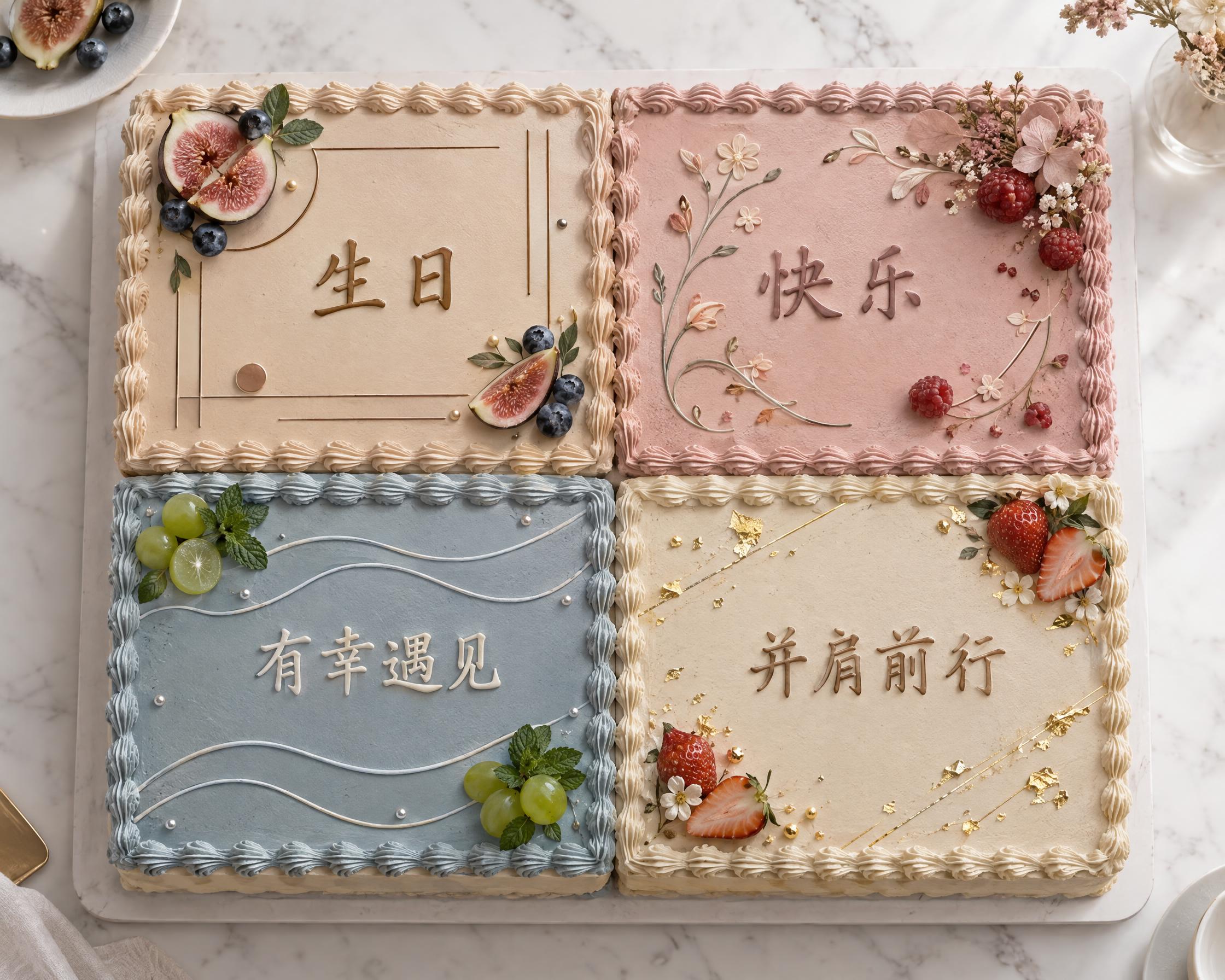 四块长方形蛋糕组合成一个整体的生日蛋糕设计，俯视视角，2x2排… - 图片创意预览
