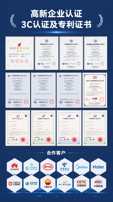 [第9屏] 企业认证与合作客户展示页。延续整体商务科技风格，遵循参考图1版式结构。
[氛围/风格] 专业可信背书展示，深蓝色背景，权威感。
[元素布局] 顶部大标题，中间区域矩阵排列展示多张认证证书/预览效果