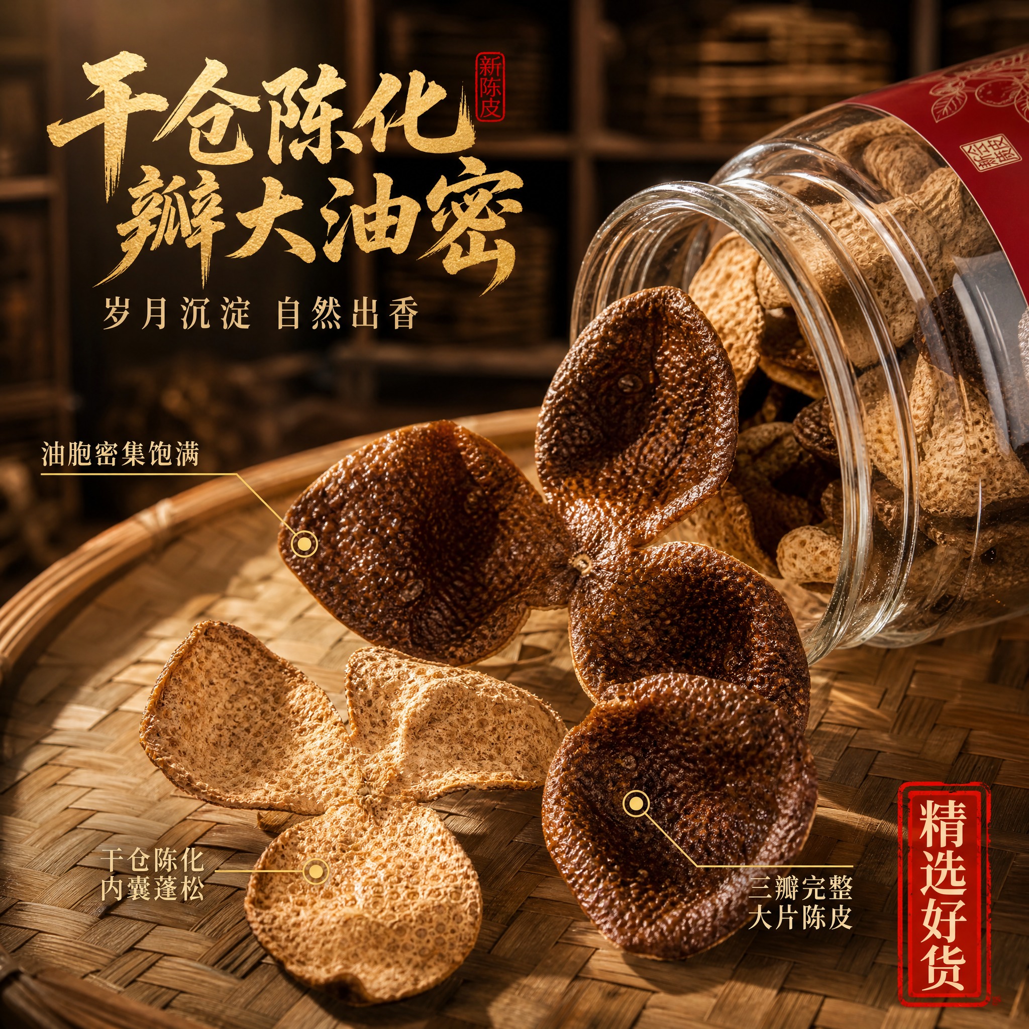 [主图-3] 新会陈皮礼盒装干仓陈化细节图，核心任务是展示自然… - 图片创意预览