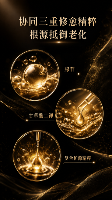 [第3屏] 赫莲娜黑绷带成分页，"协同三重修愈精粹 根源抵御老化"，三个圆形分别展示腺苷/甘草酸二钾/复合护源精粹，黑金背景，金色精华质感，9:16，4K清晰预览效果
