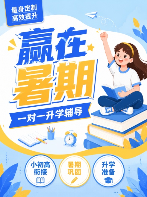 扁平插画风格教育培训海报，延续参考图蓝黄清新配色，3:4竖版比例，突出核心文案。主标题蓝黄撞色放大写"赢在暑期"，蓝色横幅副标题写"一对一升学辅导"，右侧女生坐在书本上举拳加油，底部三个圆形标签写"小预览效果