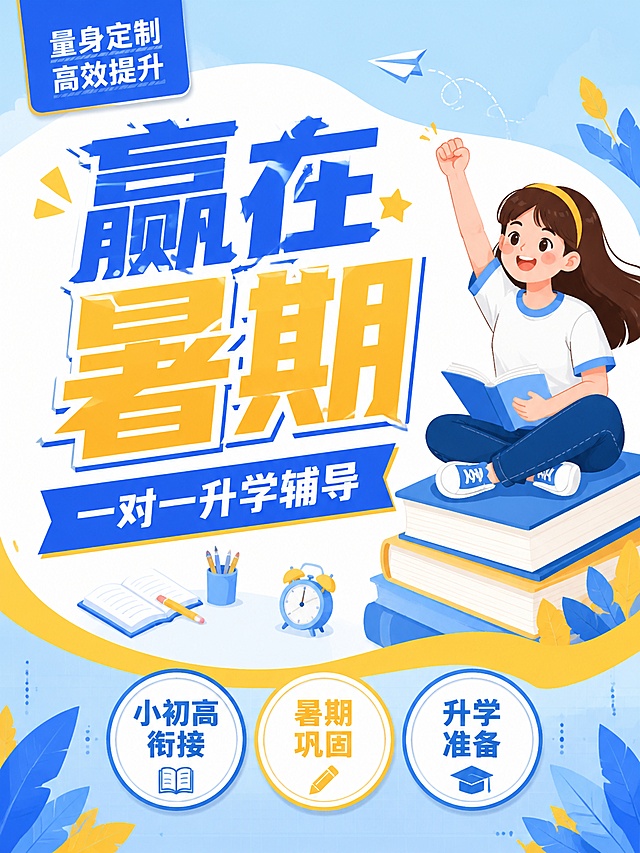 扁平插画风格教育培训海报，延续参考图蓝黄清新配色，3:4竖版比例，突出核心文案。主标题蓝黄撞色放大写"赢在暑期"，蓝色横幅副标题写"一对一升学辅导"，右侧女生坐在书本上举拳加油，底部三个圆形标签写"小初高衔接"、"暑期巩固"、"升学准备"，左上角蓝色块写"量身定制 高效提升"，风格和参考图完全一致，主题内容全新，禁止出现违规词汇