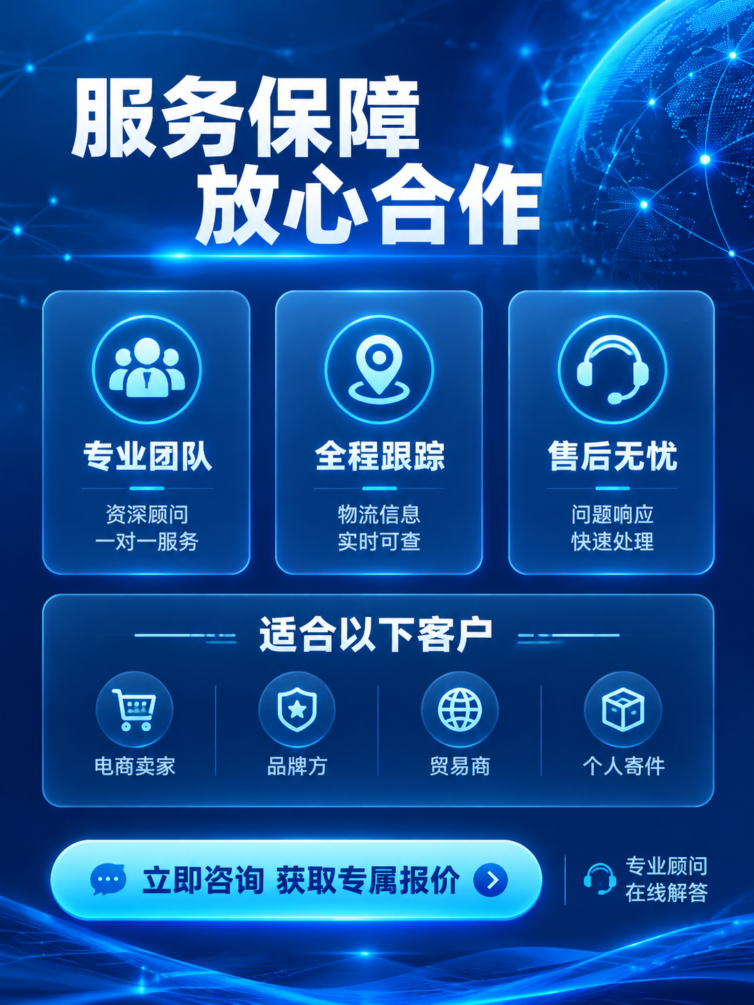 电商详情页第6张-保障与转化。蓝色渐变背景，顶部标题："服务保… - 图片创意预览