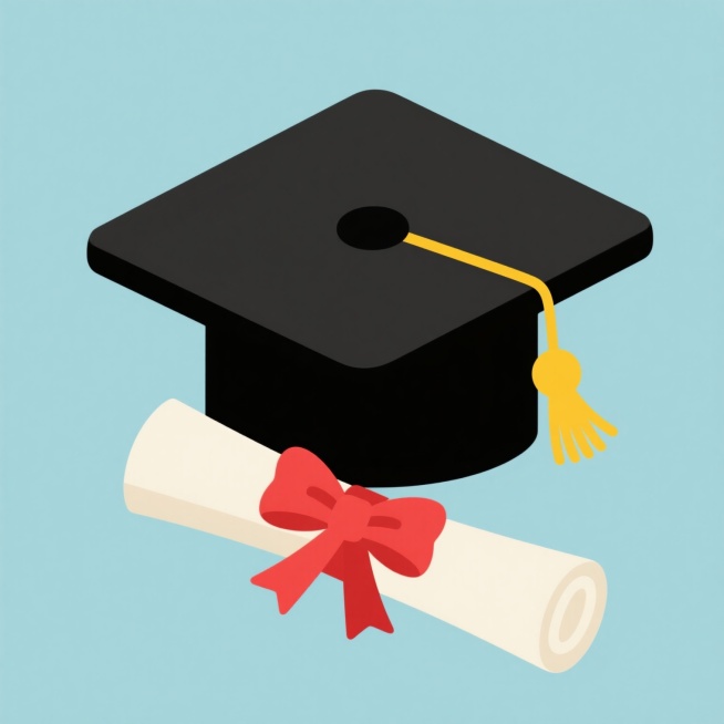 扁平风格毕业主题插画，一顶黑色的毕业帽，帽檐平整，顶部有圆形纽扣，黄色流苏从纽扣处垂下，末端有黄色绒球，毕业帽下方斜放着一卷米白色的毕业证书，证书用鲜红色的蝴蝶结系着，蝴蝶结的丝带自然垂落，整体画面简洁明快，色彩对比鲜明，黑色、黄色、红色和米白色形成和谐搭配，线条流畅，无渐变和复杂阴影，具有清晰的视觉层级，突出毕业帽和毕业证书这两个核心元素，传达出毕业的喜悦与成就氛围。预览效果