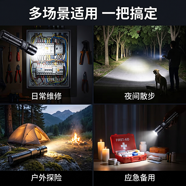 [主图-9] 多场景适用展示。
[氛围风格] 多场景宫格展示，实用直观
[画质] 高清商业摄影，每个场景清晰自然
[元素] 整图分四宫格展示手电四个适用场景：日常维修、夜间散步、户外探险、应急备用。每个宫格内都展示变焦手电对应场景使用，保持手电外观颜色材质和输入产品图一致。四个宫格整齐排布在1:1画面中，整体满版设计，上下留有文字区域。
[光影] 每个场景光影自然，符合场景氛围，手电发光效果真实自然
[配色] 每个场景保持自然原有色调，整体统一协调
[文字版式] 顶部大字主标题「多场景适用 一把搞定」，每个宫格下方标注场景名称，字体小而清晰，不遮挡主体
[比例分辨率] 1:1 比例，2k分辨率，超高清，文字清晰
[负向提示词] 变形，水印，文字错乱，产品模糊，场景杂乱，比例失调