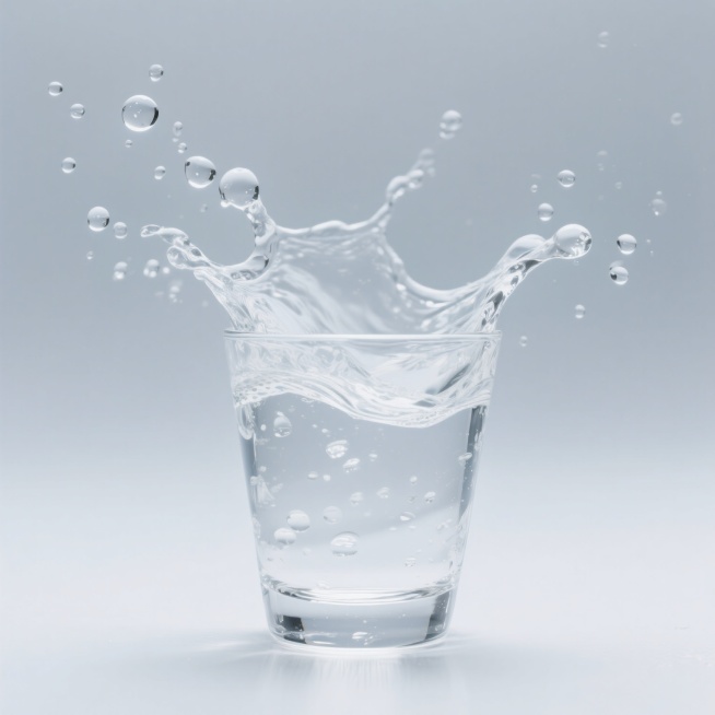 一杯纯净透明的清水以动态飞溅的姿态呈现，形成充满张力的水花造型，水珠晶莹剔透，在白色背景下展现出轻盈通透的质感，水滴的形态饱满圆润，飞溅的轨迹自然流畅，光线照射下折射出柔和的光泽，整体画面简洁干净，突出水的纯净与灵动。预览效果
