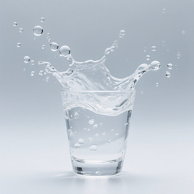 一杯纯净透明的清水以动态飞溅的姿态呈现，形成充满张力的水花造型，水珠晶莹剔透，在白色背景下展现出轻盈通透的质感，水滴的形态饱满圆润，飞溅的轨迹自然流畅，光线照射下折射出柔和的光泽，整体画面简洁干净，突出水的纯净与灵动。