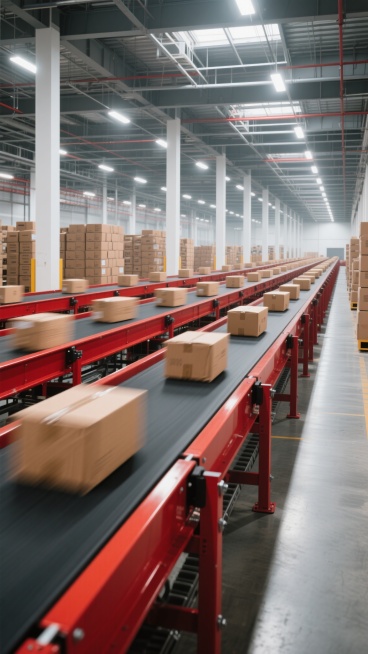 一个现代化快递分拣中心的内部场景，采用写实主义摄影风格，光线明亮均匀，主要来自顶部的工业照明灯，呈现出清晰的光影层次和金属质感。画面中央是多条红色的传送带系统，黑色的传送带上有多个棕色纸箱正在快速移动，部分纸箱因运动产生轻微模糊效果，展现出高效的动态感。背景中可以看到大量堆叠整齐的纸箱和白色的支撑立柱，整个仓库空间宽敞，结构有序。色调以工业灰、红色传送带和棕色纸箱为主，形成专业、高效的工作氛围……预览效果