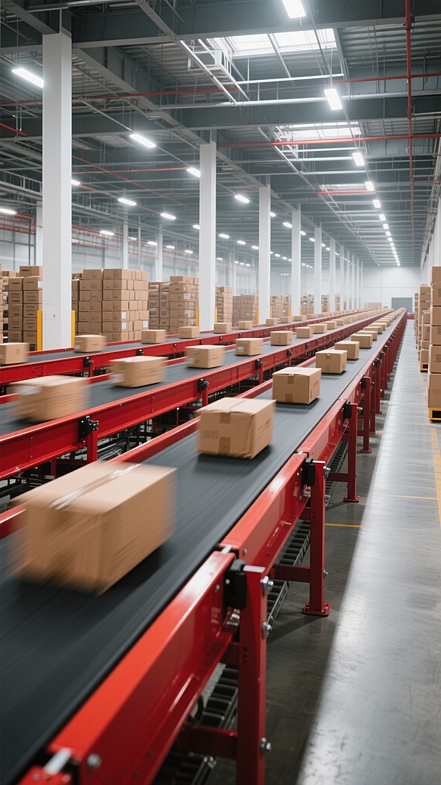 一个现代化快递分拣中心的内部场景，采用写实主义摄影风格，光线明亮均匀，主要来自顶部的工业照明灯，呈现出清晰的光影层次和金属质感。画面中央是多条红色的传送带系统，黑色的传送带上有多个棕色纸箱正在快速移动，部分纸箱因运动产生轻微模糊效果，展现出高效的动态感。背景中可以看到大量堆叠整齐的纸箱和白色的支撑立柱，整个仓库空间宽敞，结构有序。色调以工业灰、红色传送带和棕色纸箱为主，形成专业、高效的工作氛围。构图采用广角视角，突出传送带的延伸感和仓库的宏大空间，传达出快递物流行业的现代化、自动化和高效运转的核心主题。