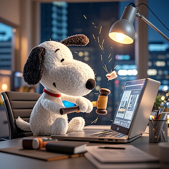 一只史努比勾勾，疯狂砸电脑，夜晚背景。