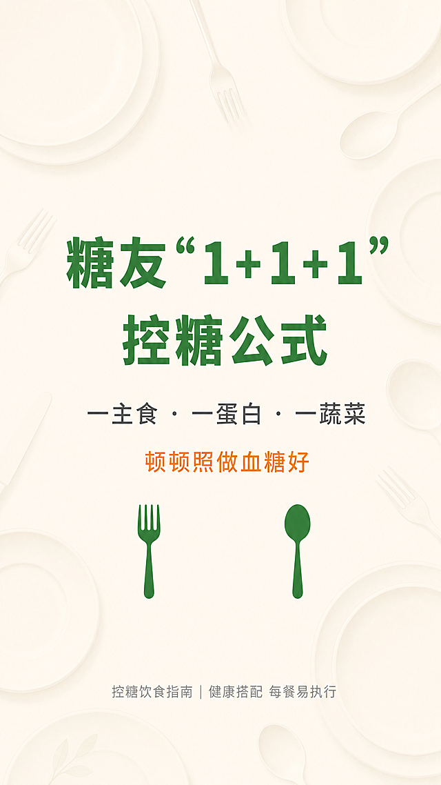 通用设置（所有页面统一）

项目 设置
画布尺寸 竖版 1080×1920 px（手机长图）或 方形 1080×1080 px（发朋友圈/公众号）
主字体 思源黑体（免费）
背景色 #FFF9F0（米白暖调）或 #F5F5F5（浅灰干净风）
主色调 绿色 #2E7D32（健康）、橙色 #F57C00（主食）、红色 #D32F2F（警告）

---

📄 页面1：封面

元素 内容 字号 颜色 位置(X,Y) 备注
背景图 空盘子+餐具，半透明30% - - 铺满 降低透明度让文字清晰
主标题 糖友“1+1+1” 72 #2E7D32 居中，Y=600 粗体
主标题2 控糖公式 56 #2E7D32 居中，Y=700 粗体
副标题 一主食 · 一蛋白 · 一蔬菜 32 #666666 居中，Y=850 常规
副标题2 顿顿照做血糖好 30 #F57C00 居中，Y=950 常规
底#999999 居中，Y=1750 常规
装饰 叉子+勺子图标 图标大小80 #2E7D32 左右两侧Y=1200 对称放置

配图建议：找一张“空盘+餐具”的素材，用稿定“透明度”工具调至30%作为背景。