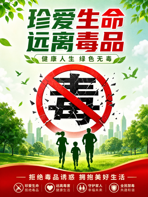 设计一张禁毒宣传海报，主标题是'珍爱生命 远离毒品'，副标题是'健康人生 绿色无毒'，底部有标语'拒绝毒品诱惑 拥抱美好生活'，画面中央是破碎的毒字被红色禁止符号覆盖，底部是一家三口跑步的剪影，背景是预览效果