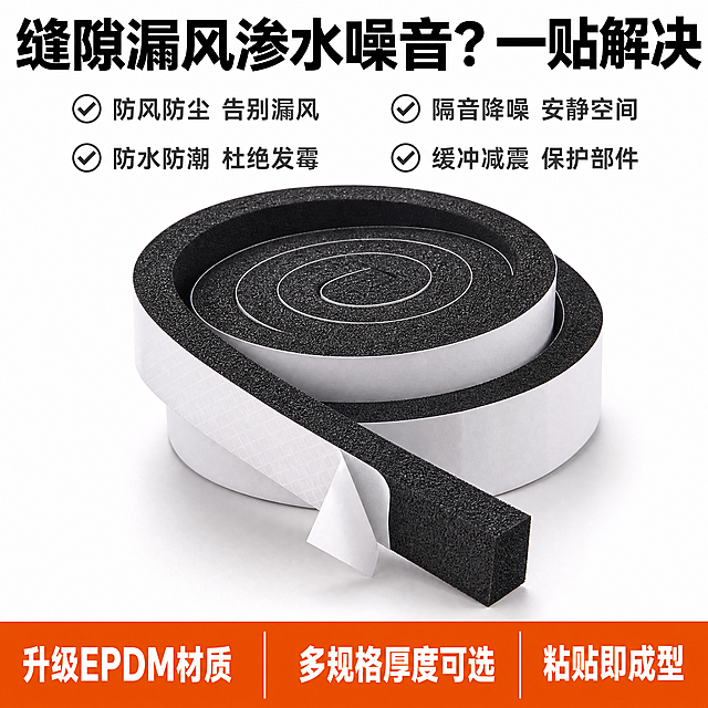 [单张主图] EPDM慢回弹密封条，爆款促销感主图，传递产品核心卖点和信任转化，更换版式不重复上一版。
[画面主体] 以图2的黑色EPDM慢回弹密封条卷展开展示为主体，保持产品外观、材质质感、颜色与输入图一致，杜绝变形色差。产品主体居中放置，占比约65%，完整展示产品展开状态和慢回弹泡棉厚度，清晰呈现截面纹理和网格背胶材质。
[构图版式] 采用顶部大标题型版式，顶部品牌与大标题占28%，中部产品主体占55%，底部信息条占17%，层级清晰。
[场景元素] 背景使用干净纯白色，简约电商风，突出产品本身；顶部大标题区，中部产品主体，底部通栏信息区，分层明确。
[文案版式] 顶部超大粗黑主标题："缝隙漏风渗水噪音？一贴解决"，居中排版，字号最大；主标题下方四个卖点短句分两排排列："防风防尘 告别漏风
隔音降噪 安静空间
防水防潮 杜绝发霉
缓冲减震 保护部件"，字号约为主标题三分之一；底部通栏信息条用浅橙色背景，白色文字分三列展示：左列写"升级EPDM材质"，中列写"多规格厚度可选"，右列写"粘贴即成型"，文字左对齐，对比清晰。所有文字不遮挡产品主体，放置在负空间。
[光影质感] 均匀明亮棚拍光线，主光正面打亮产品，凸显泡棉孔隙和背胶纹理；柔和轮廓光突出产品立体感，背景干净无杂物，整体画面干净高级，真实商业摄影质感，纹理清晰自然。
[配色字体] 背景纯白，主标题黑色，卖点深灰，底部信息条橙色底白字，字体采用粗黑无衬线，醒目易读，层级对比明确。
[比例分辨率] 1:1比例，2048×2048像素，2K分辨率，文字清晰可辨。
[负向提示词] 变形，水印，文字错乱，产品模糊，背景杂乱，遮挡主体，错字，伪logo，和上一版版式重复