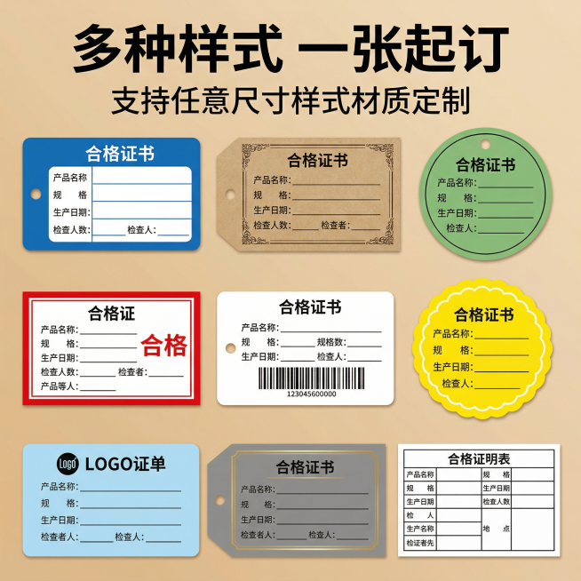 生成多种样式合格证标签合集主图，参考图格局三行排列展示不同样式合格证，所有样式不重复参考图内容，顶部加粗大字标题"多种样式 一张起订"，副标题"支持任意尺寸样式材质定制"，三行排列展示不同颜色、版式的预览效果
