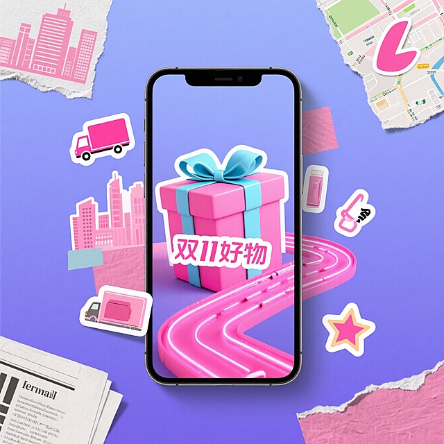 软3D风结合撕纸拼贴，粉色系卡通元素营造甜蜜可爱氛围，手机屏内礼物盒与赛道呼应双11促销主题，波普艺术感十足。