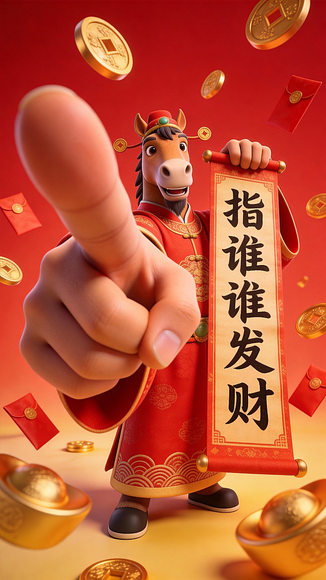 3D拟人马年财神，国潮风红金配色，鎏金元素环绕，手持“指谁谁发财”卷轴，喜庆卡通感十足，寓意新春财运亨通。