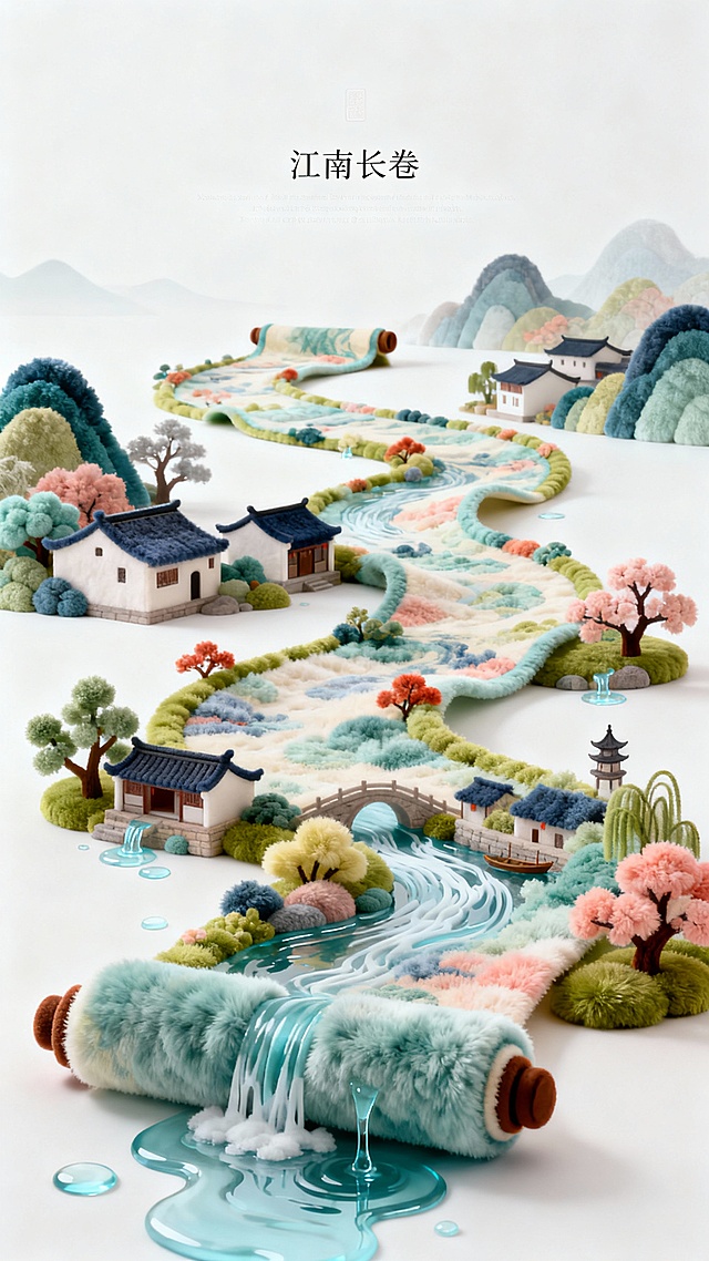 纯白背景上的立体插画，千里长卷蜿蜒，流水丹青，江南水色，人间美景，国风风格，立体质感，有水溢出，明亮色彩，高级晕染，页面上方中间标题“江南长卷”，小字，极细，所有元素均为毛绒质感，毛茸茸，绒毛世界，不可思议的画面，毛绒绒艺术
