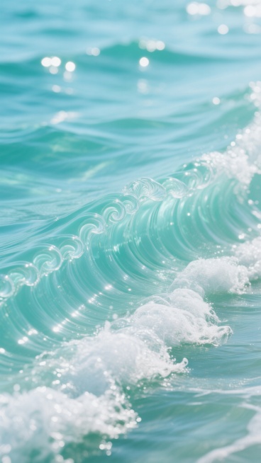 夏日氛围下的果冻啫喱质地海浪，清澈透明的蓝绿色调，阳光照射下呈现出晶莹剔透的光泽感，海浪边缘泛起细腻的白色浪花，浪花造型改为层层叠叠的扇形卷曲样式，整体画面充满清凉通透的夏日气息，光影效果自然柔和，水波纹理清晰可见，营造出宁静而梦幻的海洋景象。预览效果