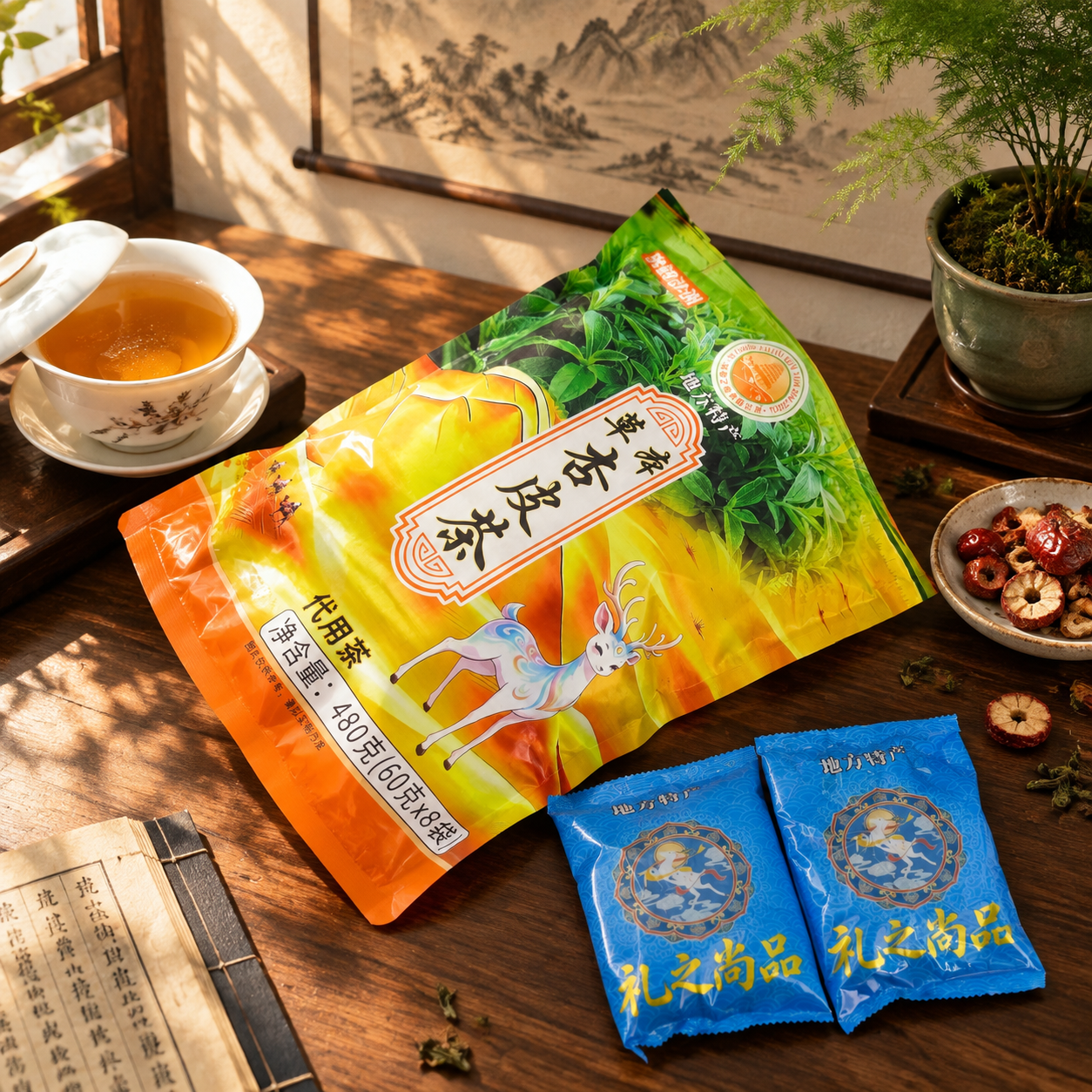 超写实食品商业摄影。 主体：杏皮茶大包装袋严格参照上传产品图，… - 图片创意预览