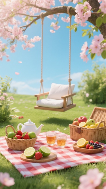 高清写实风格野餐场景，阳光明媚的春日午后，翠绿草坪上铺着红白格子野餐布，上面摆放着装满草莓、青柠、柠檬片的藤编果篮，白色茶壶配透明玻璃杯装着琥珀色饮品，旁边是木质托盘和编织野餐篮，装满苹果、柠檬、浆果等水果，周围点缀着粉色樱花和绿植，上方树枝悬挂着带白色靠垫的木质秋千，阳光透过树叶洒下斑驳光影，天空湛蓝，整体氛围温馨惬意、明亮清新，细节丰富，色彩明快自然，光影柔和，充满生机与闲适感。预览效果