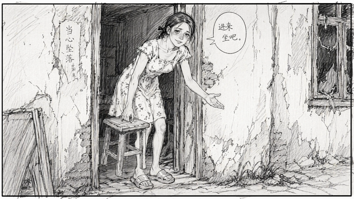 将图一改成图二的黑白分镜手绘草稿风格，保留原画面内容：女性弯腰提板凳站在屋门口招呼人坐下，以及墙面、门口、文字对话框，整体改为粗线条黑白故事板分镜风格预览效果