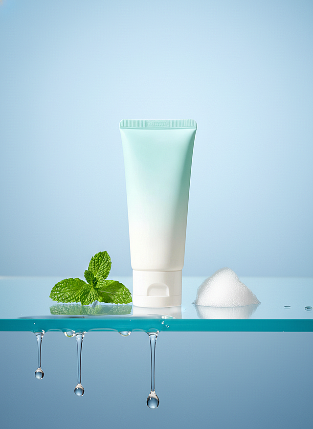 将画面中的主体放置在透明玻璃台面上，液体从边缘滴落，旁边有一片薄荷叶和一团白色泡沫。背景为柔和的蓝色渐变，高清晰度，写实风格，干净简约，光泽反射强烈，水珠下垂，优雅的产品摄影，高端护肤概念，柔光打光，工作室布景，细节丰富。