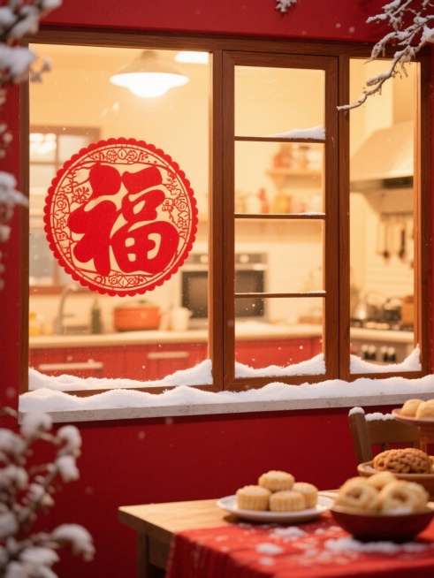 从房屋外透过玻璃向屋内拍摄的视角，红木色窗户上有一个红色的“福”字窗花（虚影效果），窗台上覆盖着白色积雪，红色的墙壁，屋内温暖的厨房场景，桌子上摆放着糕点和麻薯（做模糊处理），整体红黄色色调，营造过年预览效果